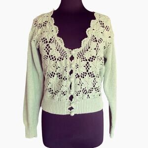Melbourne Elements VTG Pistachio Crochet Sweater SMALL Cottage Prairie Granny